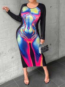 SHEIN Coolane Talla grande Vestido ajustado mapa de calor corporal con estampado - Multicolor - Ver 5