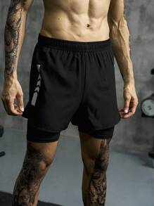 Manfinity Sport Corelite 男士字母图案二合一运动短裤，带手机口袋，黑色运动短裤 - 黑色 - 查看 6