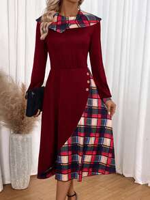 SHEIN Lady Plaid Print Button Detail Dress - Burgundy - View 4