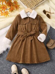 SHEIN 女小童羊絨領口翻蓋細節繫腰帶洋裝