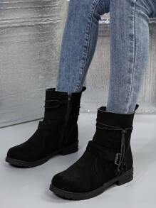 Side Zipper Buckle Strap Short Boots, Black - Black - View 4