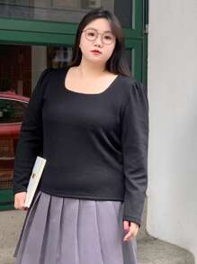 Dazy Plus Plus Size Women's Puff Sleeve T-Shirt With Square Neckline,Fall Women Clothes