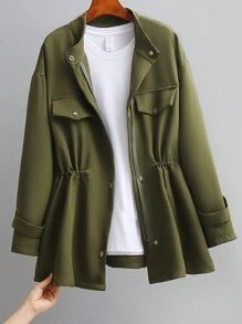 SHEIN LUNE Hơn Chi tiết về Flap Thả vai Eo dây rút Áo khoác Trench Without Tee - xanh quân đội - Xem 1