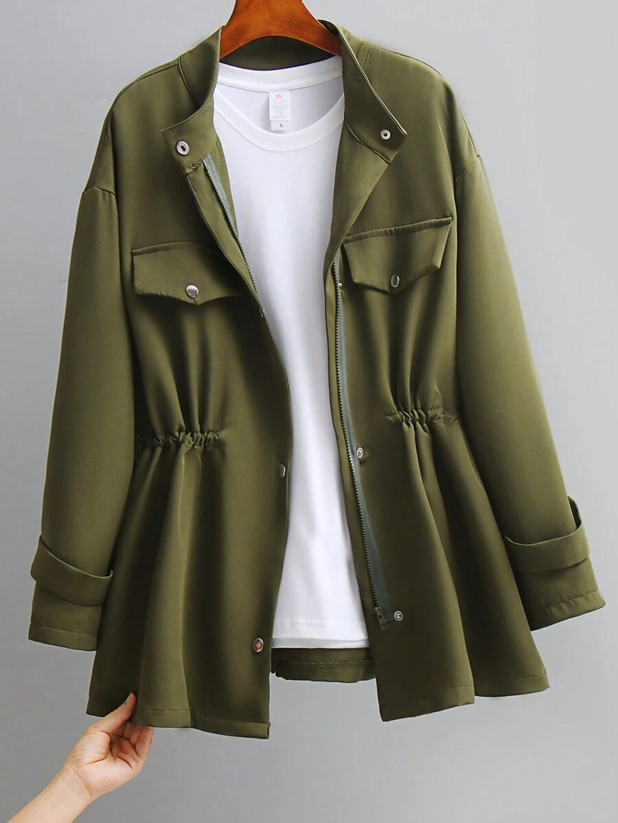 SHEIN LUNE Hơn Chi tiết về Flap Thả vai Eo dây rút Áo khoác Trench Without Tee - xanh quân đội - Xem 1