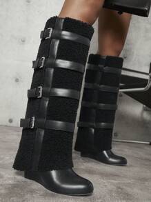 SHUZIA Fuzzy Buckled Knee-High Boots - Black - View 5