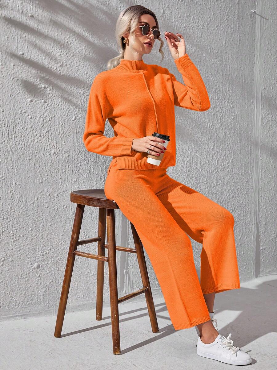 SHEIN Essnce Mock Neck Seam Front Drop Shoulder Sweater & Knit Pants - Orange - View 1