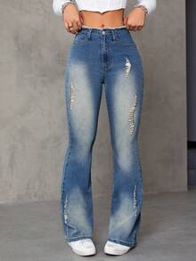 SHEIN ICON Jeans de pierna amplia de talle alto desgarro - Azul lavado medio - Ver 3