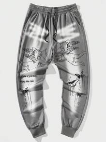 ROMWE MEN Street Life Nam Lá thư & In Thiên sứ Eo dây rút Quần thể thao - Xám - Xem 1