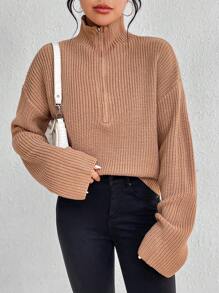 SHEIN Unity Jersey con cremallera media de hombros caídos - Caqui - Ver 1