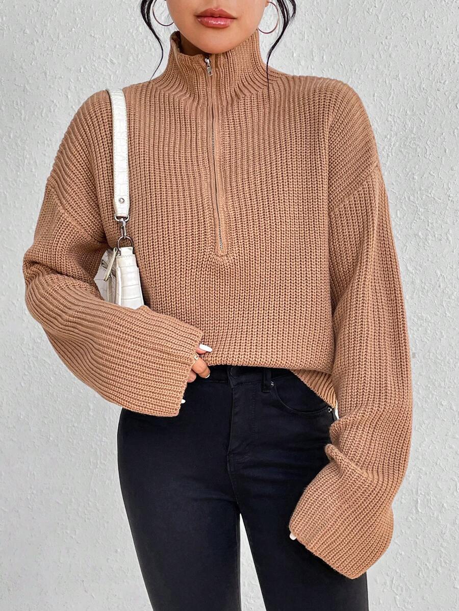 SHEIN Unity Jersey con cremallera media de hombros caídos - Caqui - Ver 1