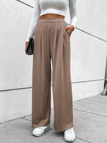 SHEIN LUNE High Waist Plicated Detail Wide Leg Pants - Khaki - View 5