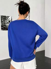 SHEIN Unity 字母圖案落肩袖運動衫 - 藍色 - 查看 2