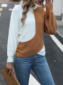 Chiquease Two Tone Batwing Sleeve Asymmetrical Hem Knit Pullover Fall Winter Sweater - Camel - View 4