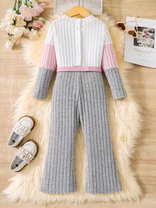 SHEIN 女小童撞色條紋針織連身褲&腰包