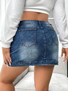 SHEIN EZwear 大碼前紐扣翻蓋細節牛仔半身裙 - 藍色 - 查看 2