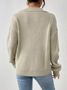 Chiquease Áo len chui đầu cổ ve áo, cài cúc phía trước, vai rớt, dệt kim kiểu cáp, thích hợp cho mùa thu đông. - Màu Khaki - Xem 2