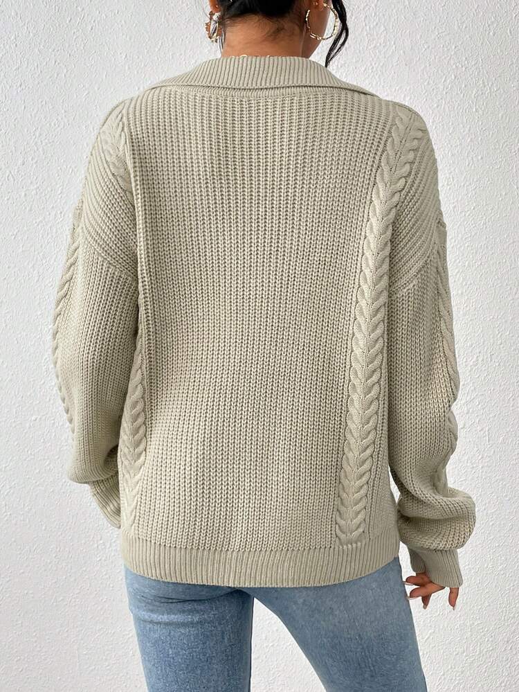 Lapel Neck Button Front Drop Shoulder Cable Knit Pullover Fall Winter Sweater
