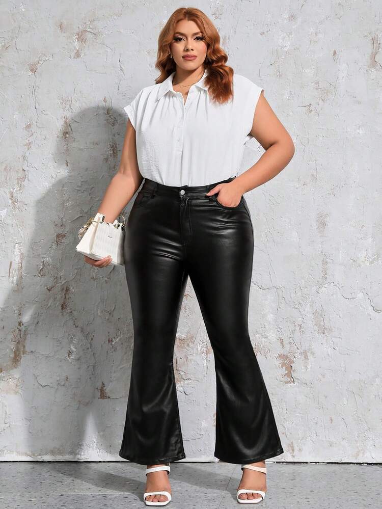 Plus Size Women Plain Color High Waist Flare Leg Pants Fall Cloth For Women