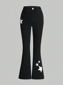 女大童星星印花牛仔喇叭褲 - 黑色 - 查看 1