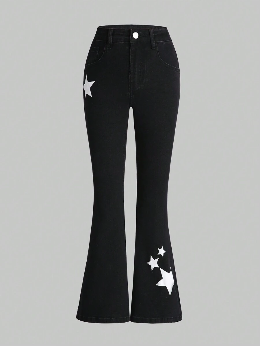 女大童星星印花牛仔喇叭褲 - 黑色 - 查看 1