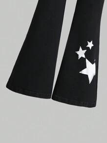 女大童星星印花牛仔喇叭褲 - 黑色 - 查看 3