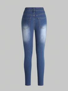 SHEIN Explorewe 少女新款破洞牛仔褲 - 深色水洗藍 - 查看 2