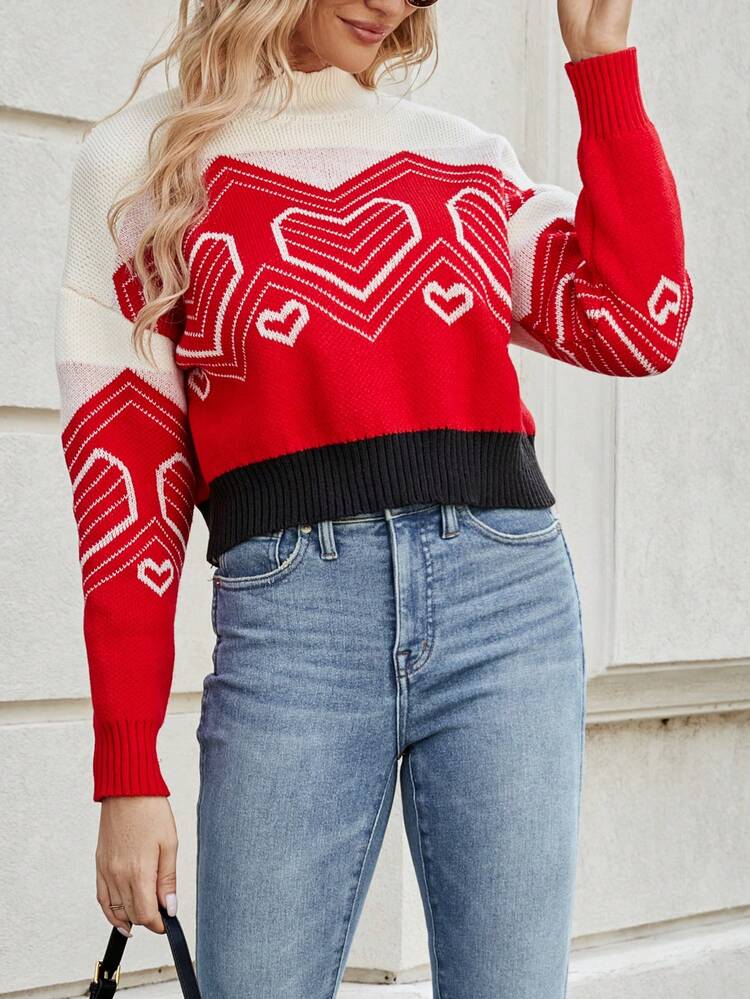 Heart Pattern Mock Neck Drop Shoulder Knit Pullover Fall Winter Sweater