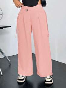 Flirla Plus Solid Wide Leg Pants - Pink - View 1