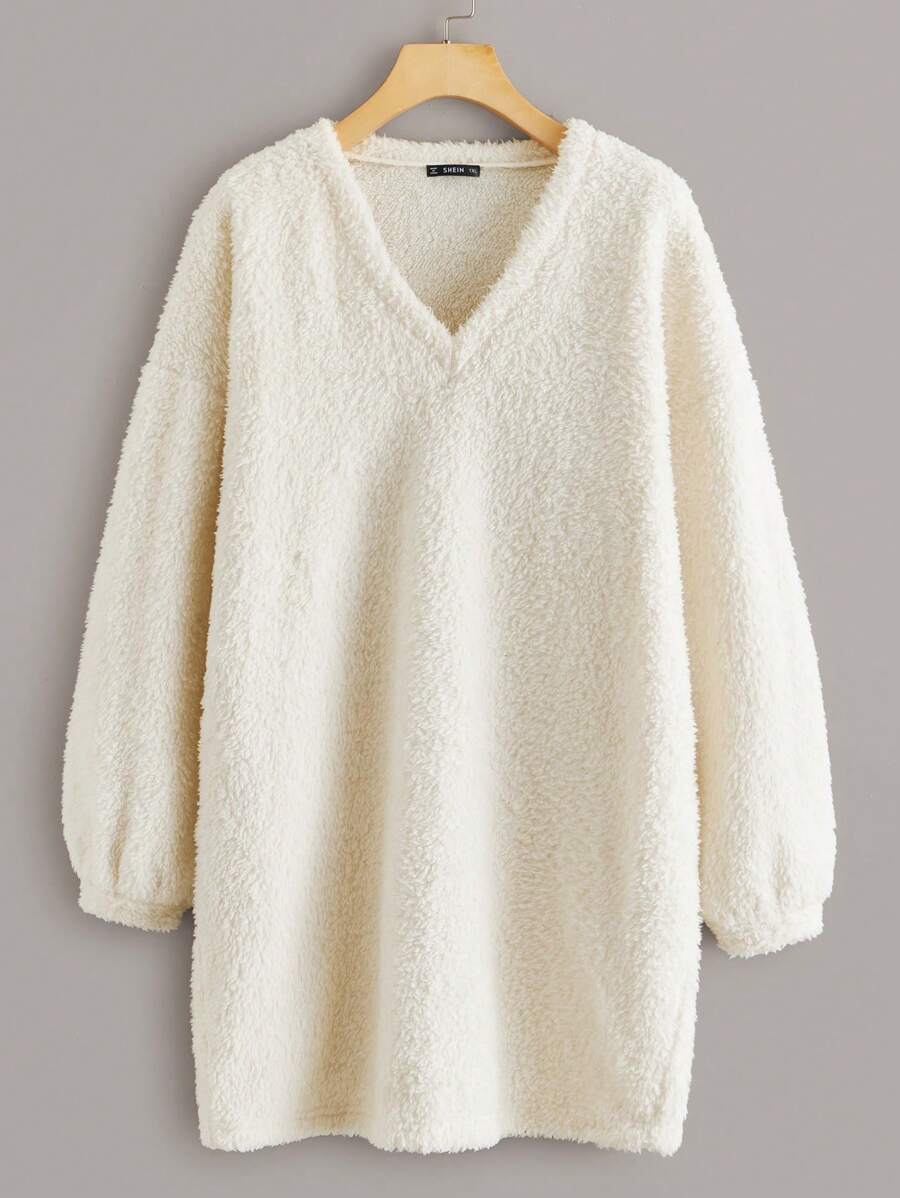 SHEIN EZwear Jersey Teddy Con Cuello En V Y Hombros Caídos Para Tallas Grandes - Beis - Ver 1