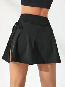SHEIN Sports Váy thể thao buộc dây màu trơn Váy tennis - màu đen - Xem 2