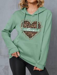 SHEIN Essnce Đồ họa Trái tim & Chữ cái Túi kangaroo Dây rút Hoodie - Màu xanh Bạc hà - Xem 3