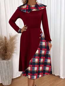 SHEIN Lady Plaid Print Button Detail Dress - Burgundy - View 6