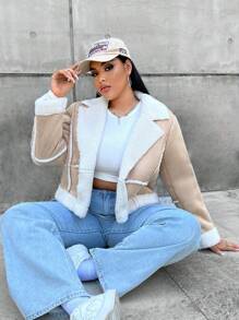 Flirla Plus Teddy Lined Zip Up Moto Jacket, For Winter - Multicolor - View 2