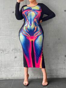 SHEIN Coolane Talla grande Vestido ajustado mapa de calor corporal con estampado - Multicolor - Ver 3