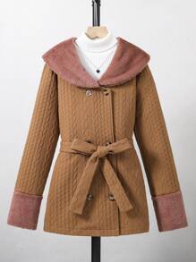 Teen Girl Borg Collar Double Breasted Belted Coat Without Sweater - Brown - View 1