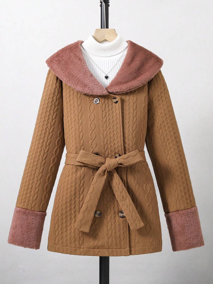 Teen Girl Borg Collar Double Breasted Belted Coat Without Sweater - Brown - View 1