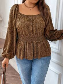 SHEIN CURVE+ Plus Leopard Print Lantern Sleeve Peplum Blouse - Multicolor - View 6