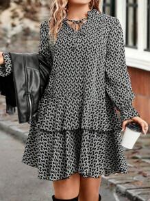 Calvaya Plus Allover Print Flounce Sleeve Layer Hem Dress - Multicolor - View 3