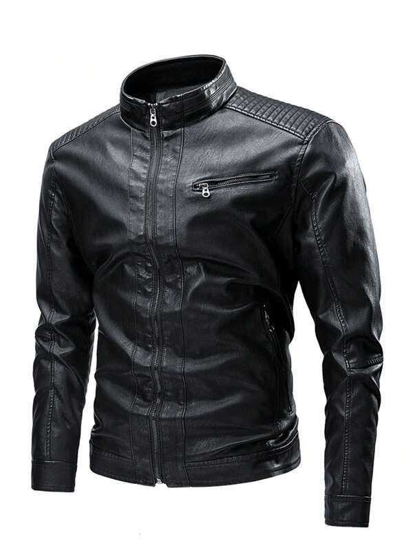 Chaqueta de cuero sintético de manga larga con cierre de cremallera, ajustada y casual, estilo grunge, para otoño/invierno