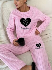 SHEIN Cottnline Heart & Letter Embroidery Flannel PJ Set - Pink - View 5
