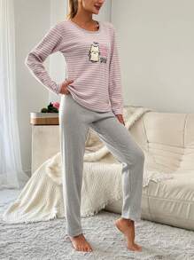 EURMUSE Women's Cartoon Pattern Striped T-Shirt + Solid Colored Pants Homewear Set - Grey - View 3
