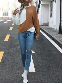 Chiquease Two Tone Batwing Sleeve Asymmetrical Hem Knit Pullover Fall Winter Sweater - Camel - View 7
