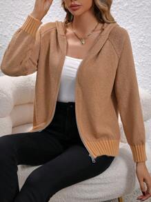 EMERY ROSE 插肩袖拉鏈開襟連帽開襟衫 - 駝色 - 查看 1