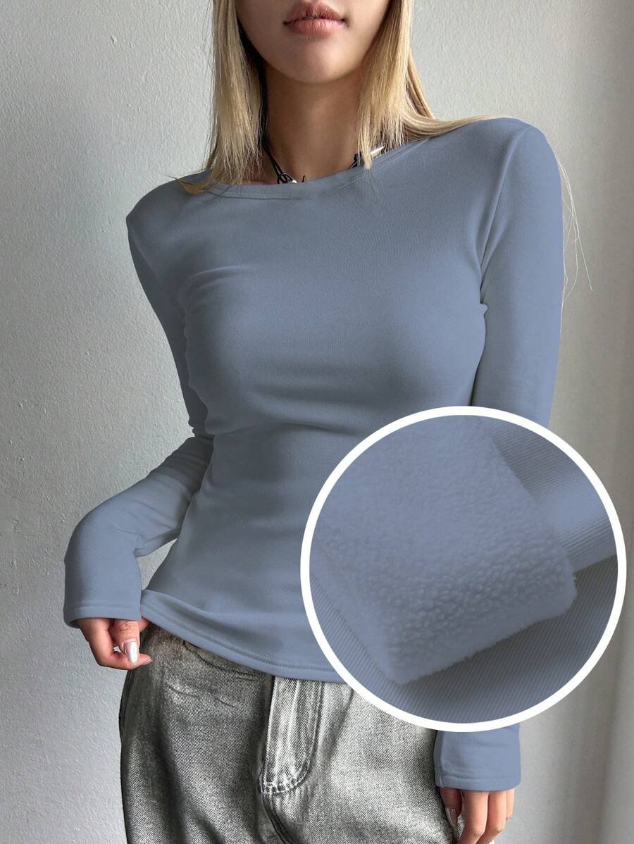 DAZY Solid Round Neck Thermal Tee Long Sleeve Women Tops,Thermal Lined - Dusty Blue - View 1