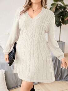 Calvaya Plus Cable Knit Lantern Sleeve Sweater Dress - Apricot - View 4