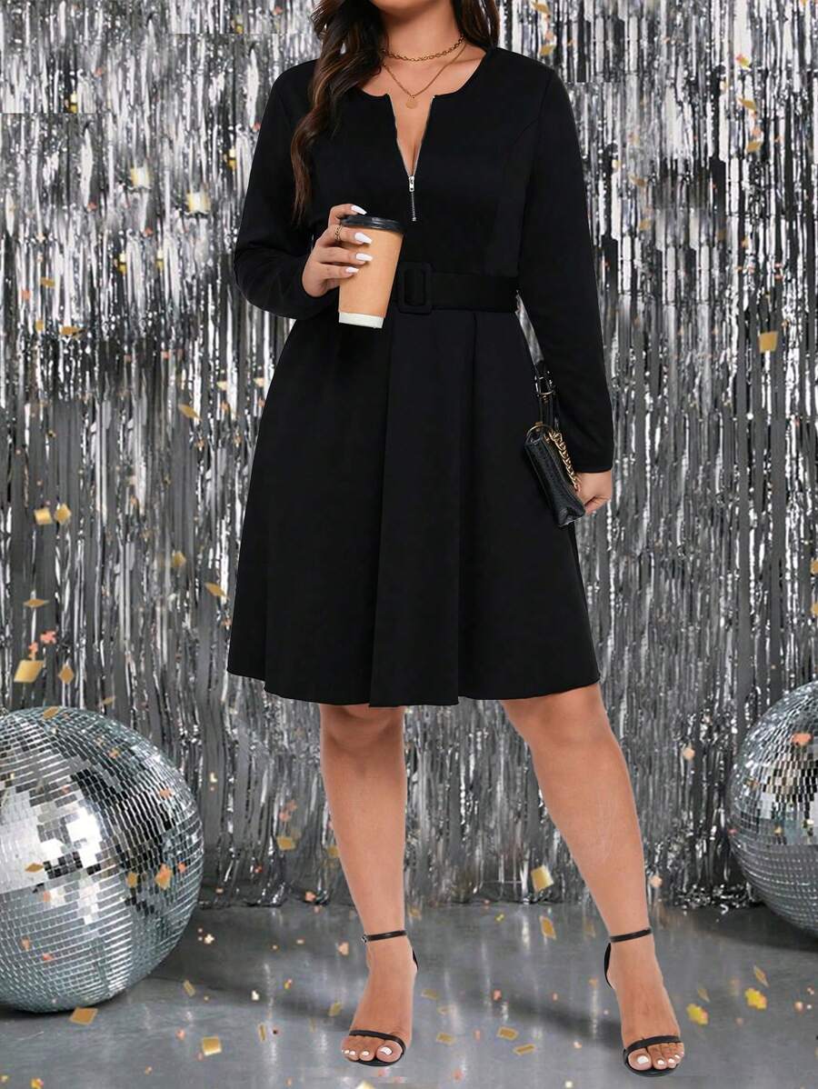 SHEIN LUNE Hơn Dây kéo phía trước Khóa thắt lưng Đầm - màu đen - Xem 1