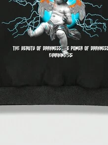 ROMWE MEN Street Life Hombres Capucha con estampado de slogan y figura con cordón - Negro - Ver 3