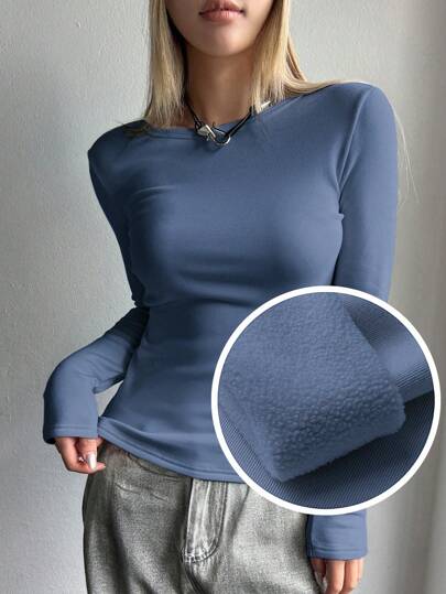 DAZY Solid Round Neck Thermal Tee Long Sleeve Women Tops,Fleece Lined
