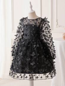 Tween Girls' Mesh Butterfly Applique Formal Dress - Black - View 4