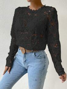 Chiquease 素色薄透提花蕾絲襯衫不附胸罩 - 黑色 - 查看 3